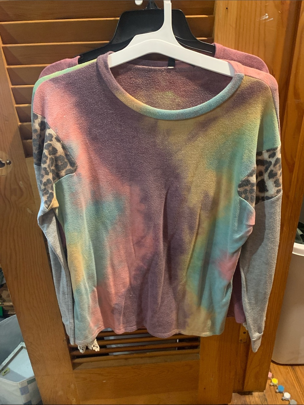 Pastel Tie-Dye Long Sleeve Top with Leopard Patches on sleeves